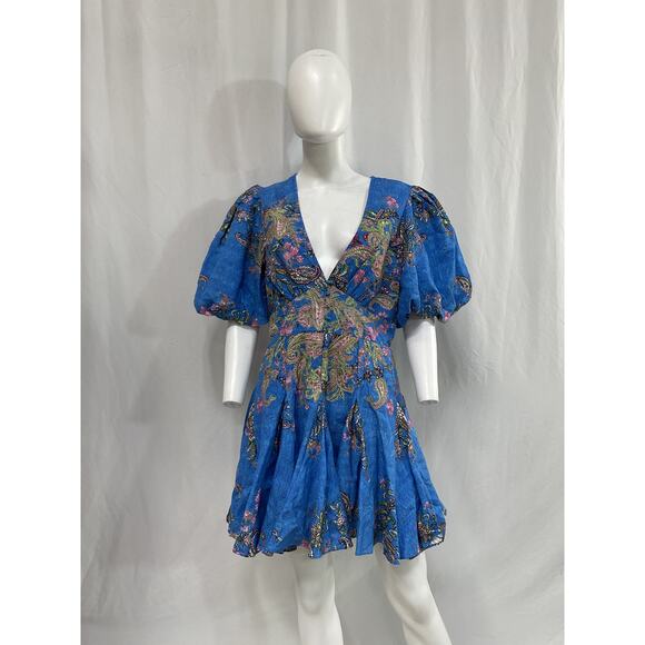 Hemant And Nandita Blue Linen Floral Short Dress Size L - Picture 2 of 5